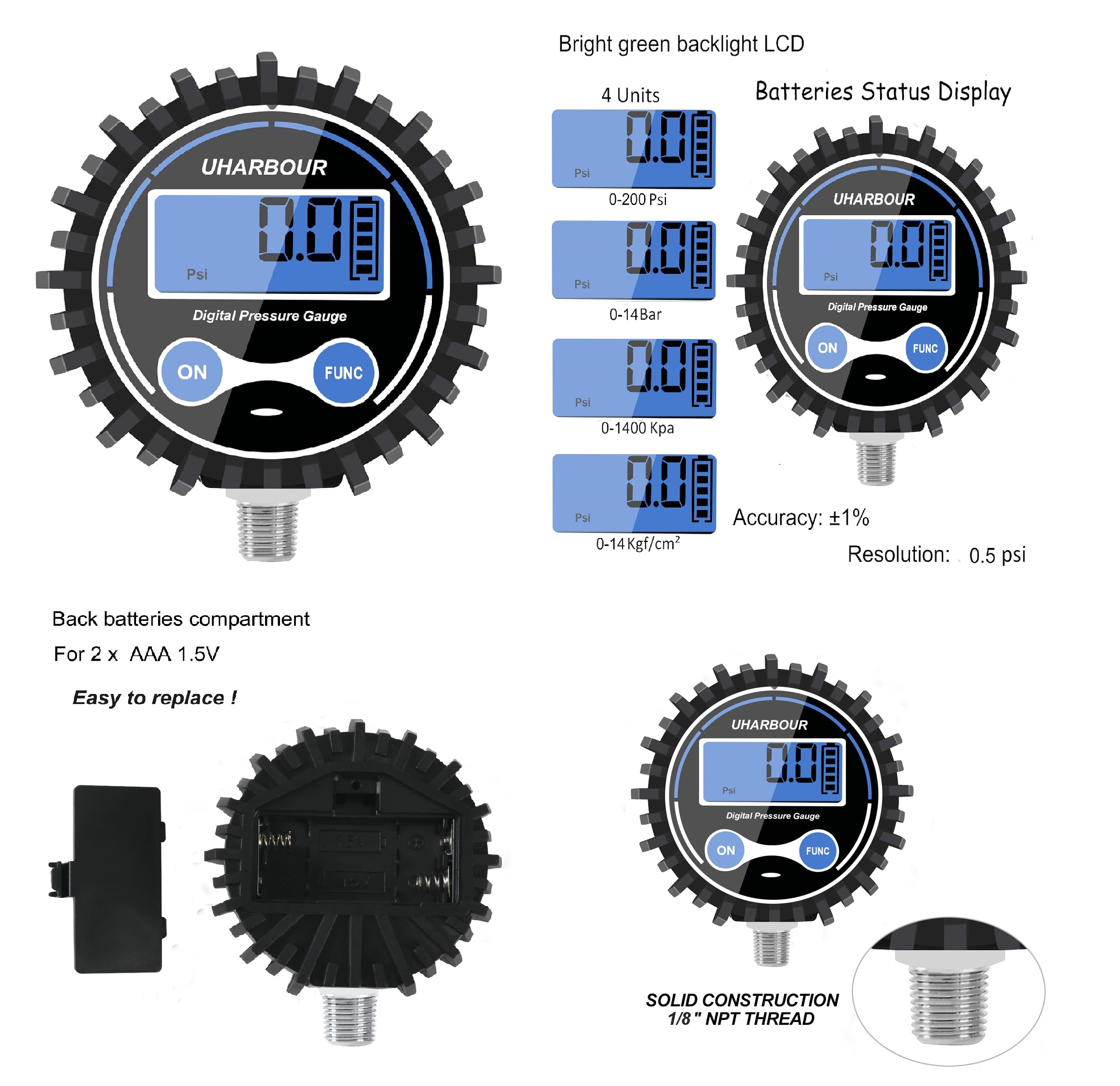 MANOMETRO DIGITAL MEDIDOR DE PRESION 200 PSI 1/8 NPT