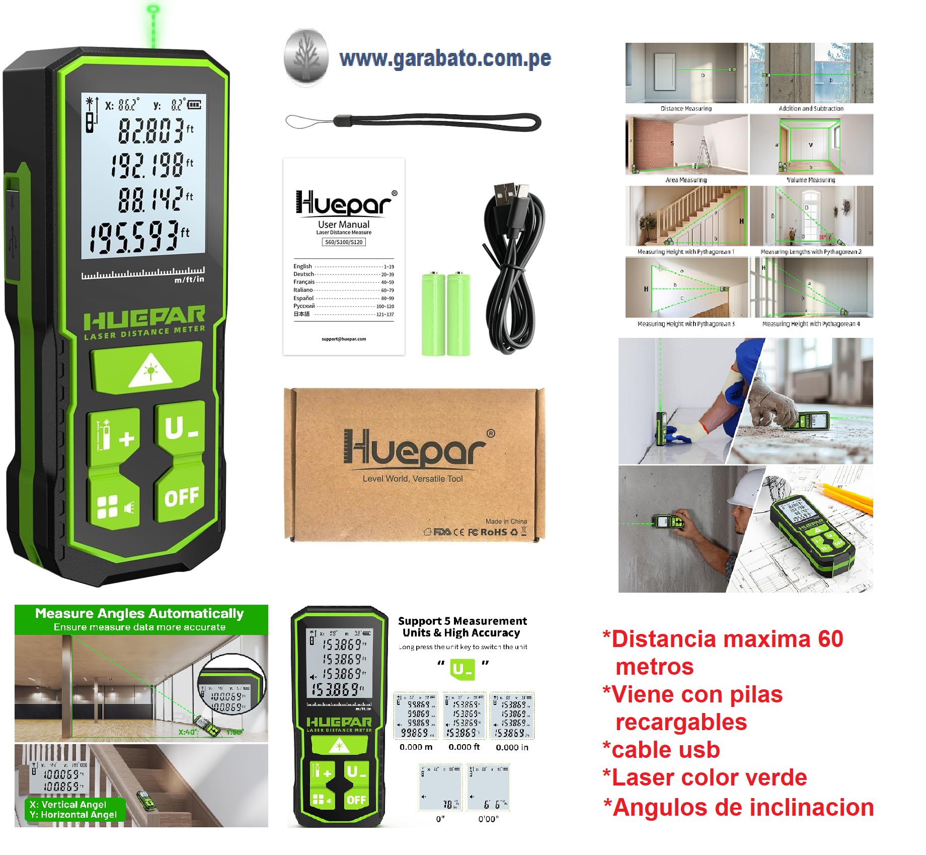 OFERTA WINCHA LASER VERDE DISTANCIA MAXIMA 60 METROS MARCA HUEPAR LASER VERDE