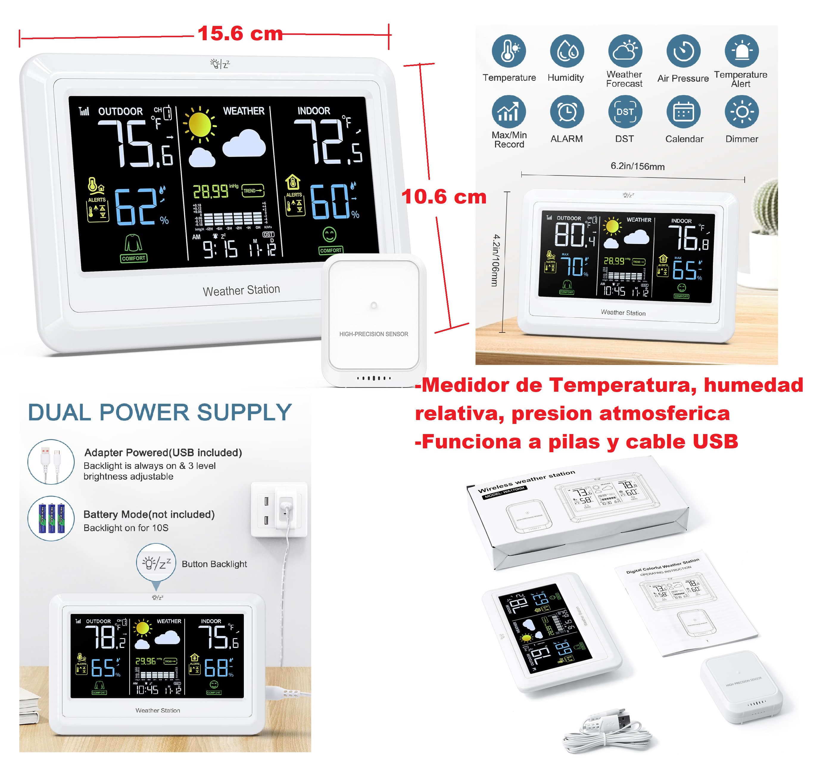 TERMOMETRO TERMOHIGROMETRO BAROMETRO CON SENSOR EXTERNO ESTACION METEREOLOGICA