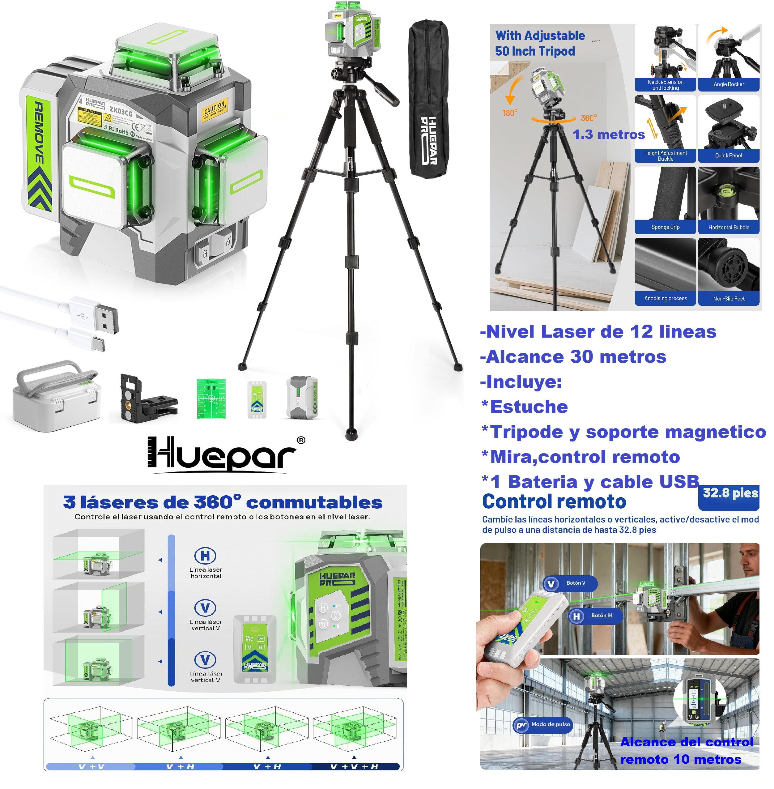 OFERTA NIVEL LASER 12 LINEAS HUEPAR PRO ZK03CG TRIPODE SOPORTE IMANTADO